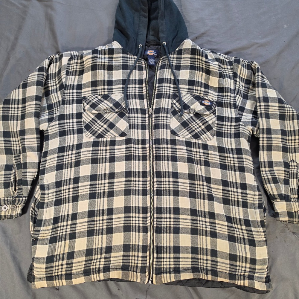 Dickies Mens Plaid Hooded Flannel Jacket Quilted Lined Black White Full Zip L